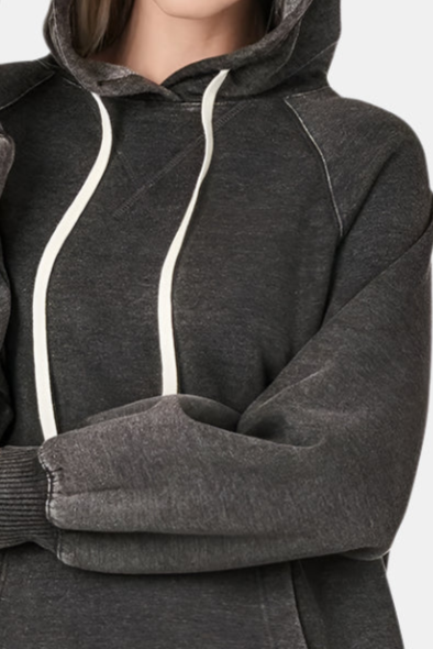 Acid Wash Fleece Hoodie with Pockets / ASH BLACK