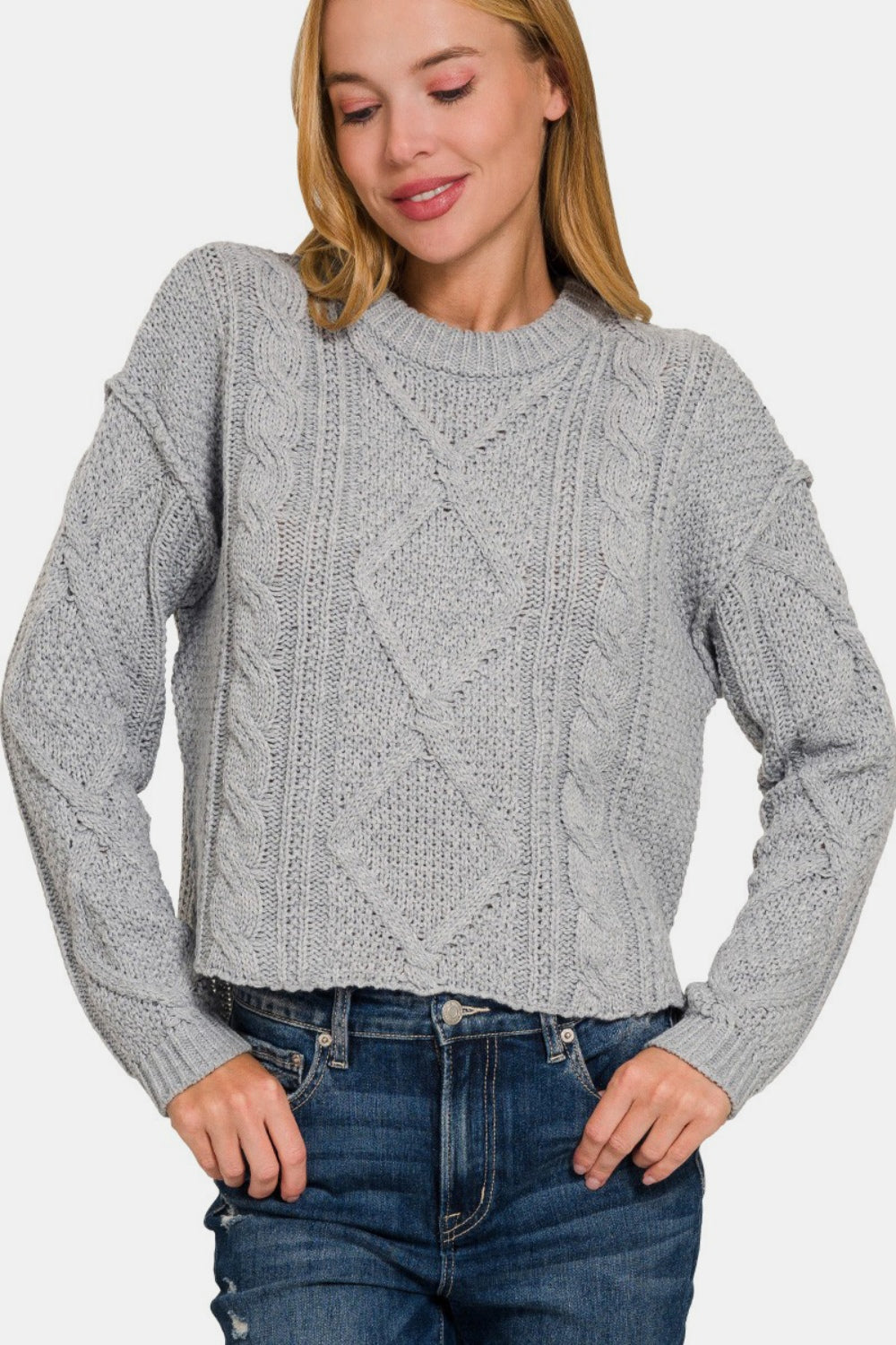 Cropped High Low Cable Sweater With Side Slits