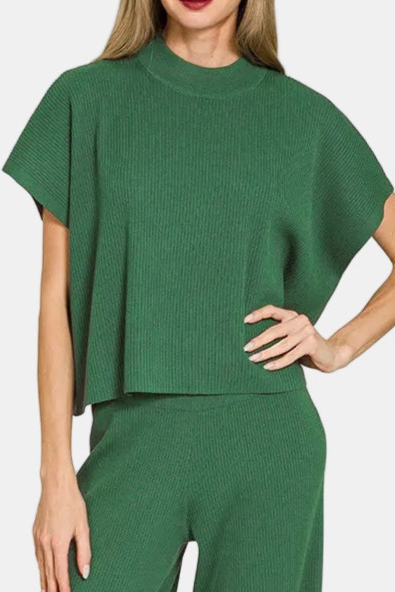 Viscose Sweater Short Sleeve Top & Pants Set / DK GREEN