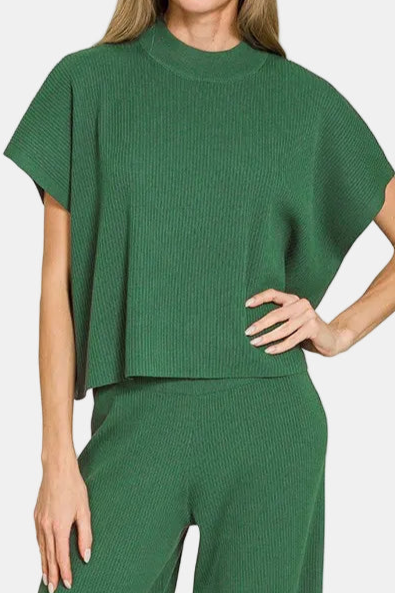 Viscose Sweater Short Sleeve Top & Pants Set / DK GREEN