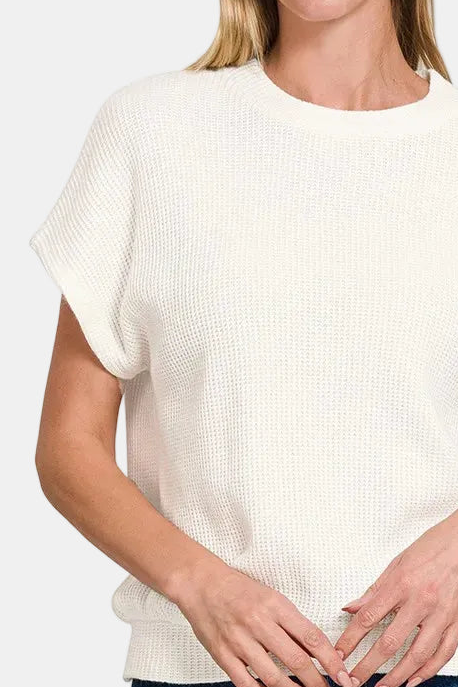 Round Neck Banded Botton Short Sleeve Sweater / OFF WHITE