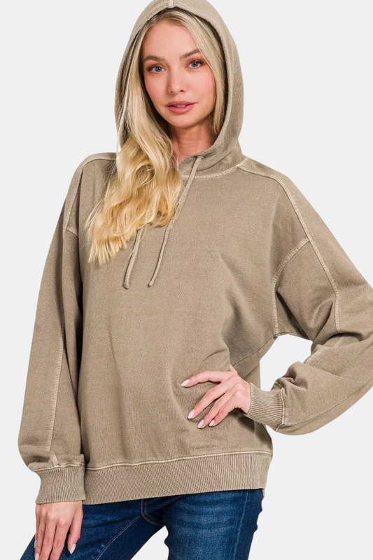 French Terry Pigment Dye & Enzyme Washed Hoodie / MOCHA