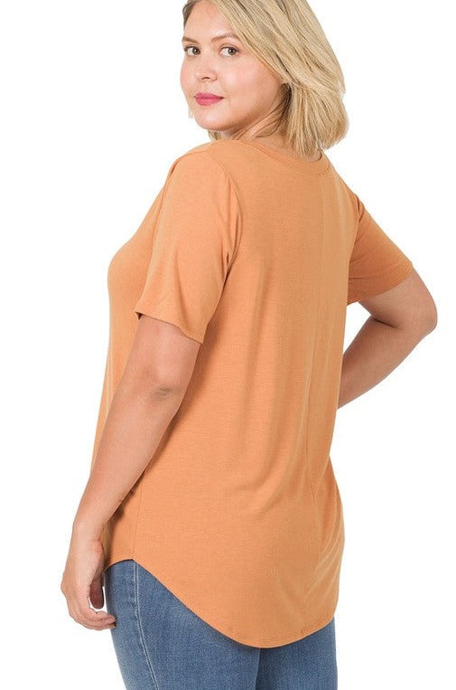 Plus Short Sleeve V-Neck Round Hem Top