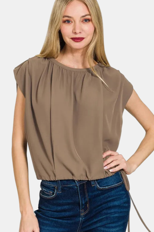 Woven Drawstring Tie Side Sleeveless Top / MOCHA