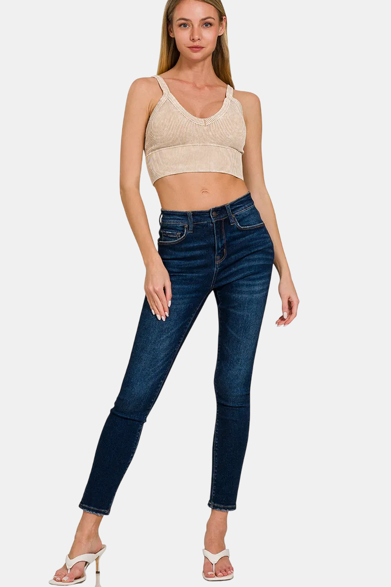 Stone Washed V Neck Seamless Cropped Bra Top / ASH MOCHA
