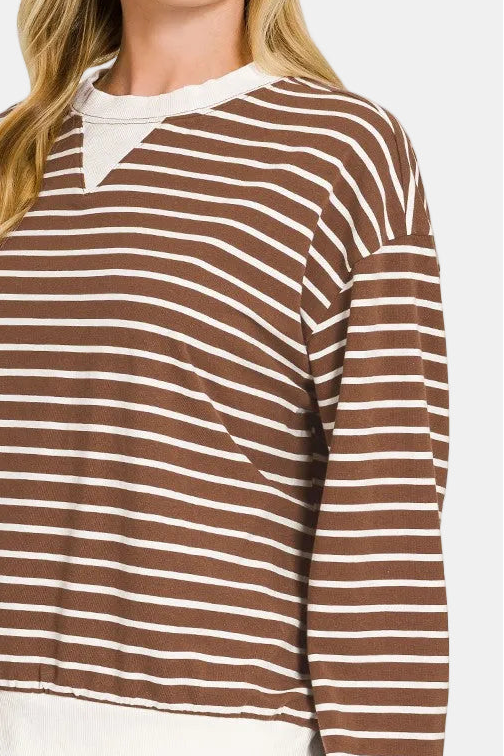 Striped Rib Banded Pullover / BROWN