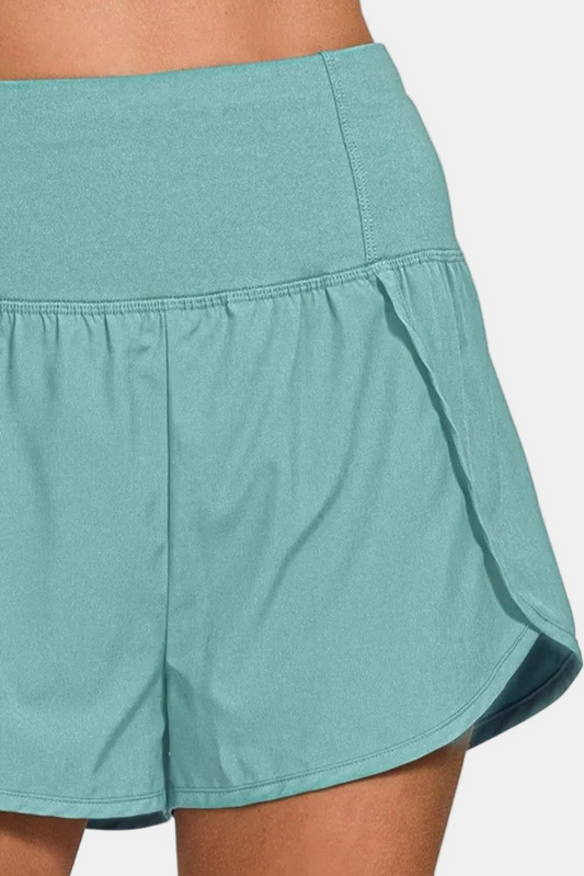High Waisted Zippered Back Pocket Running Shorts / DUSTY TEAL