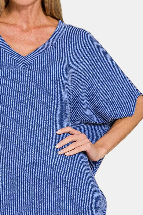 Raised Rib V-Neck Batwing Top / CLASSIC BLUE
