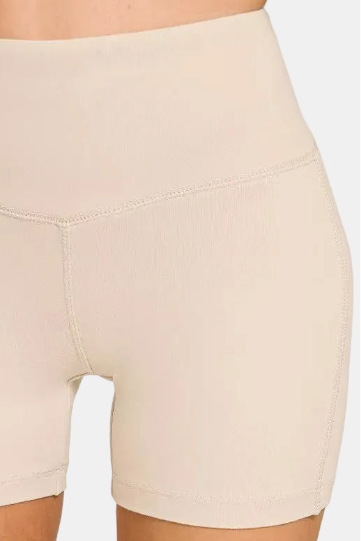 Brushed Microfiber Wide Waistband Biker Shorts / SAND BEIGE