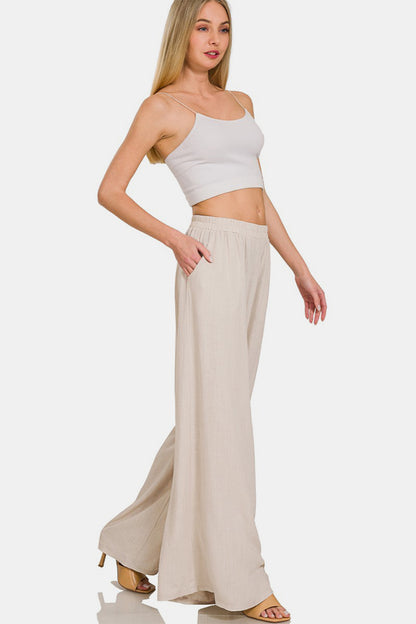 Woven Pleated Linen Blend Wide Leg Pants