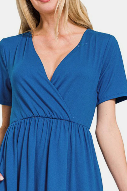 Brushed DTY Buttery Soft Fabric Surplice Dress / CLASSIC BLUE