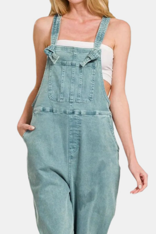 Washed Knot Strap Relaxed Fit Overalls / TEAL