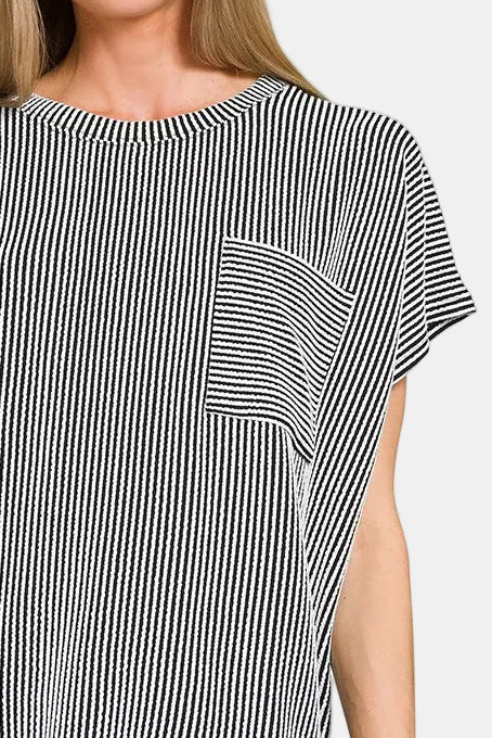 Raised Rib Front Pocket Boxy Top / BLACK/WHITE