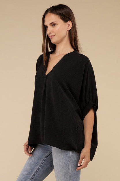 Woven Airflow V-Neck Puff Half Sleeve Top