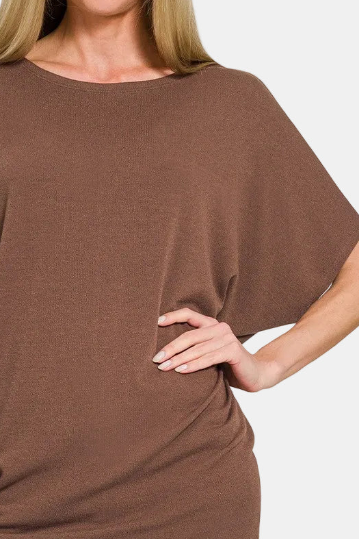 Hacci Dolman Short Sleeve Boat Neck Top / BROWN