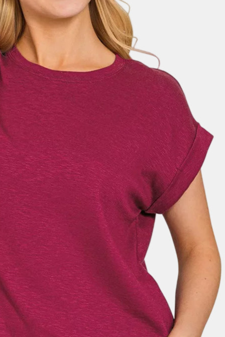 Cotton Modal Slub Rolled Sleeve Tee / CABERNET
