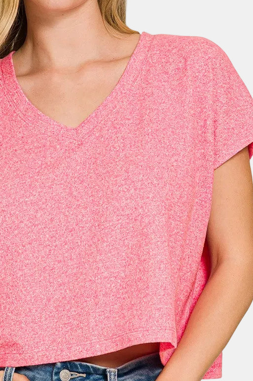 Soft Melange V-Neck Drop Shoulder Cropped Top / FUCHSIA