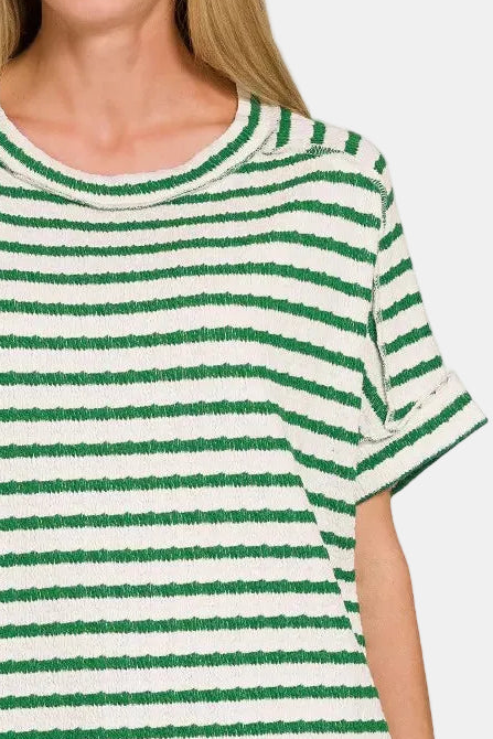 Stripe Jacquard Round-Neck Box Tee / K GREEN