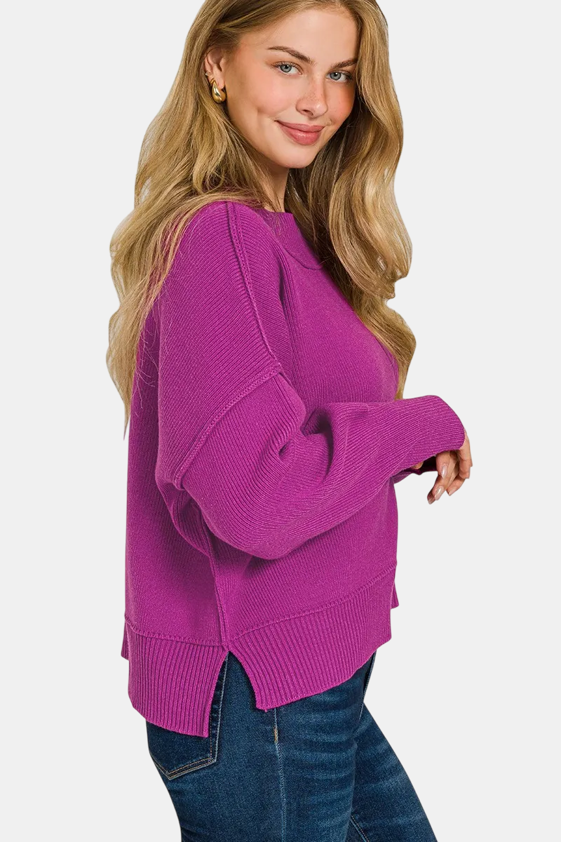 Wide Neck Band Drop Shoulder Sweater / LT PLUM