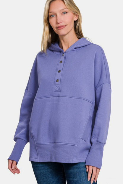 Fleece Half Snap Button Hooded Sweatshirt