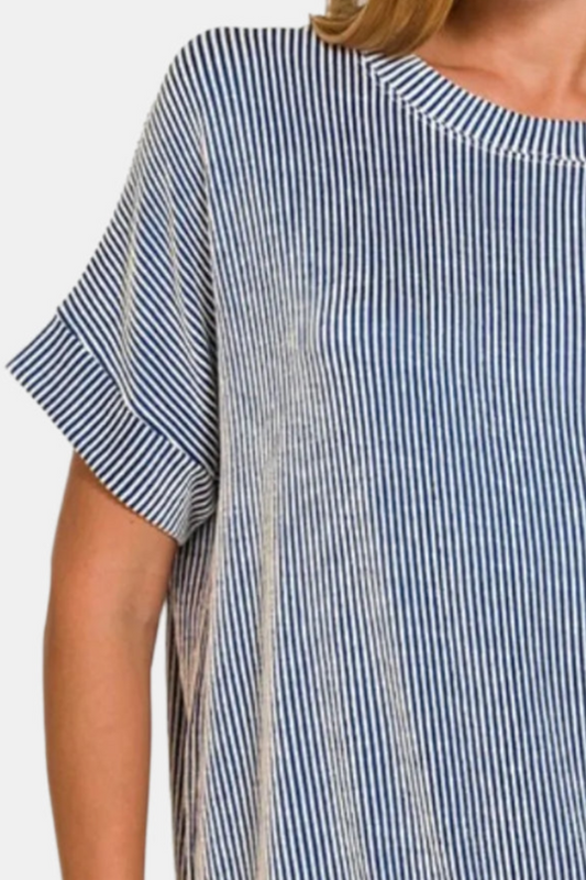 Corded Rib Short Sleeve Top / LT NAVY