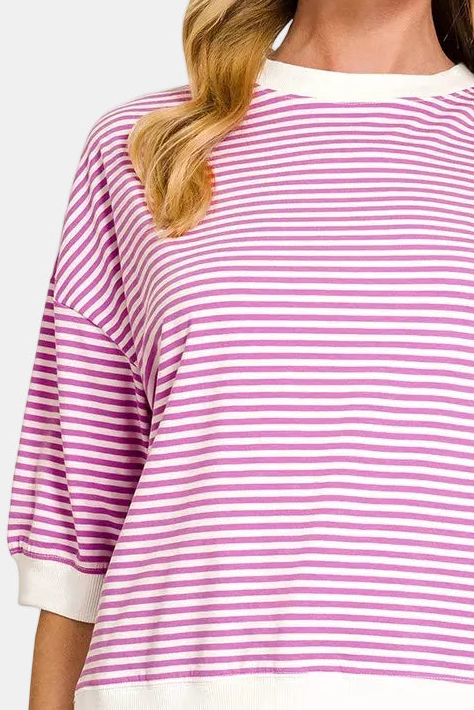 Striped Contrast Trim Banded Bottom Top / BRIGHT MAUVE
