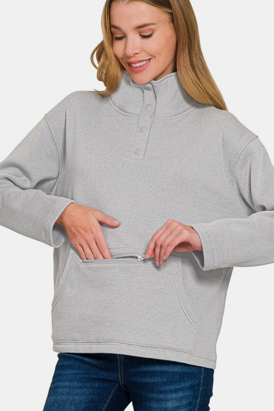 Fleece High Neck Half Snap Button Front Sweatshirt