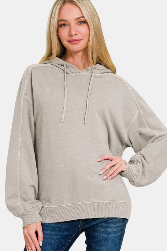 French Terry Pigment Dye & Enzyme Washed Hoodie / ASH MOCHA