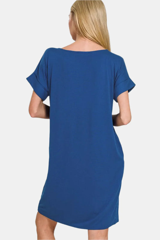 Rolled Short Sleeve Round Neck Dress / LT NAVY