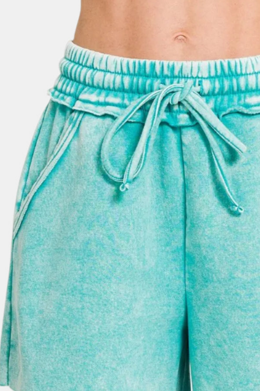Acid Wash Fleece Drawstring Shorts With Pockets / TURQUOISE
