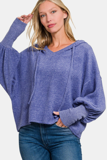 Soft Brushed Hacci Cropped Balloon Sleeve Hoodie