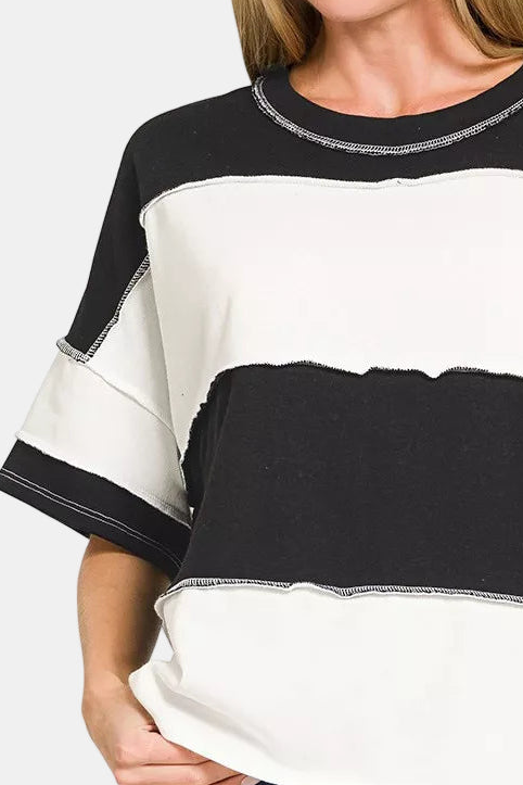 French Terry Color Block Exposed Seam Top / BLACK