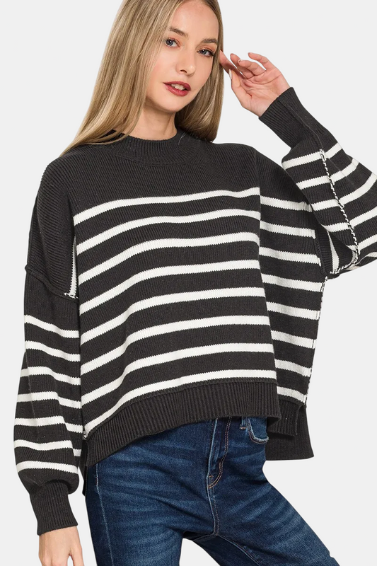 Exposed Seam Striped Oversized Sweater / BLACK