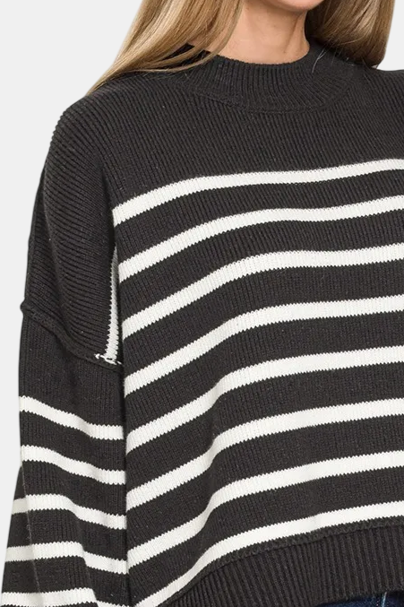 Exposed Seam Striped Oversized Sweater / BLACK