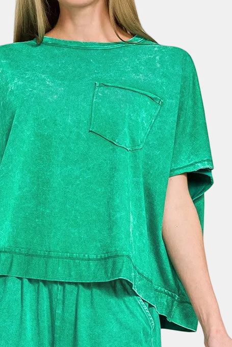 Acid Washed Oversized Top & Shorts Set / K GREEN