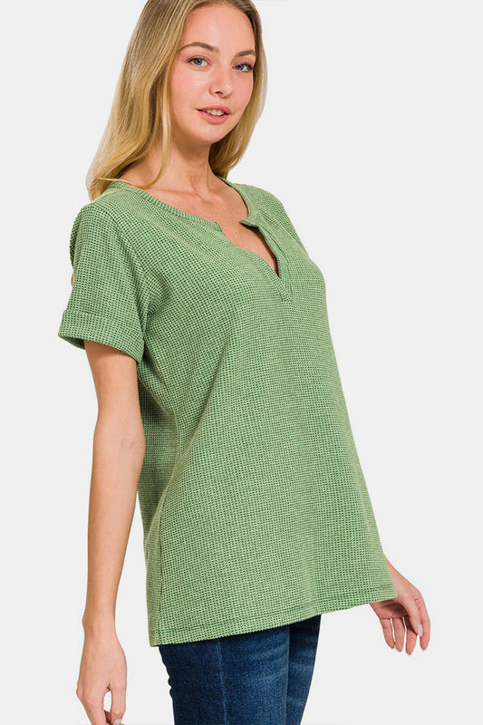 Melange Baby Waffle Henley Neck Short Sleeve Top / DK GREEN