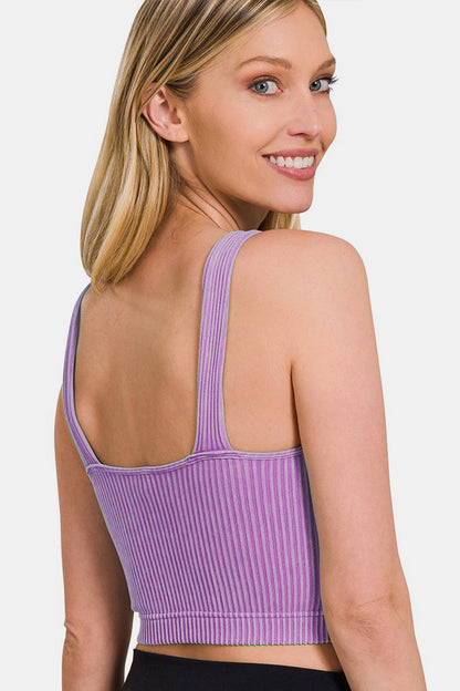 Washed Ribbed Cropped Bra Padded Tank Top