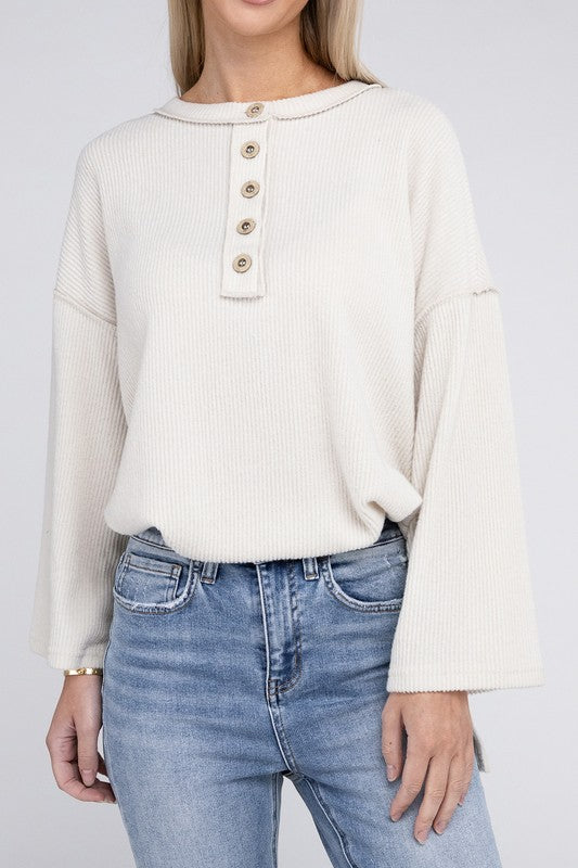 Ribbed Brushed Melange Hacci Henley Sweater