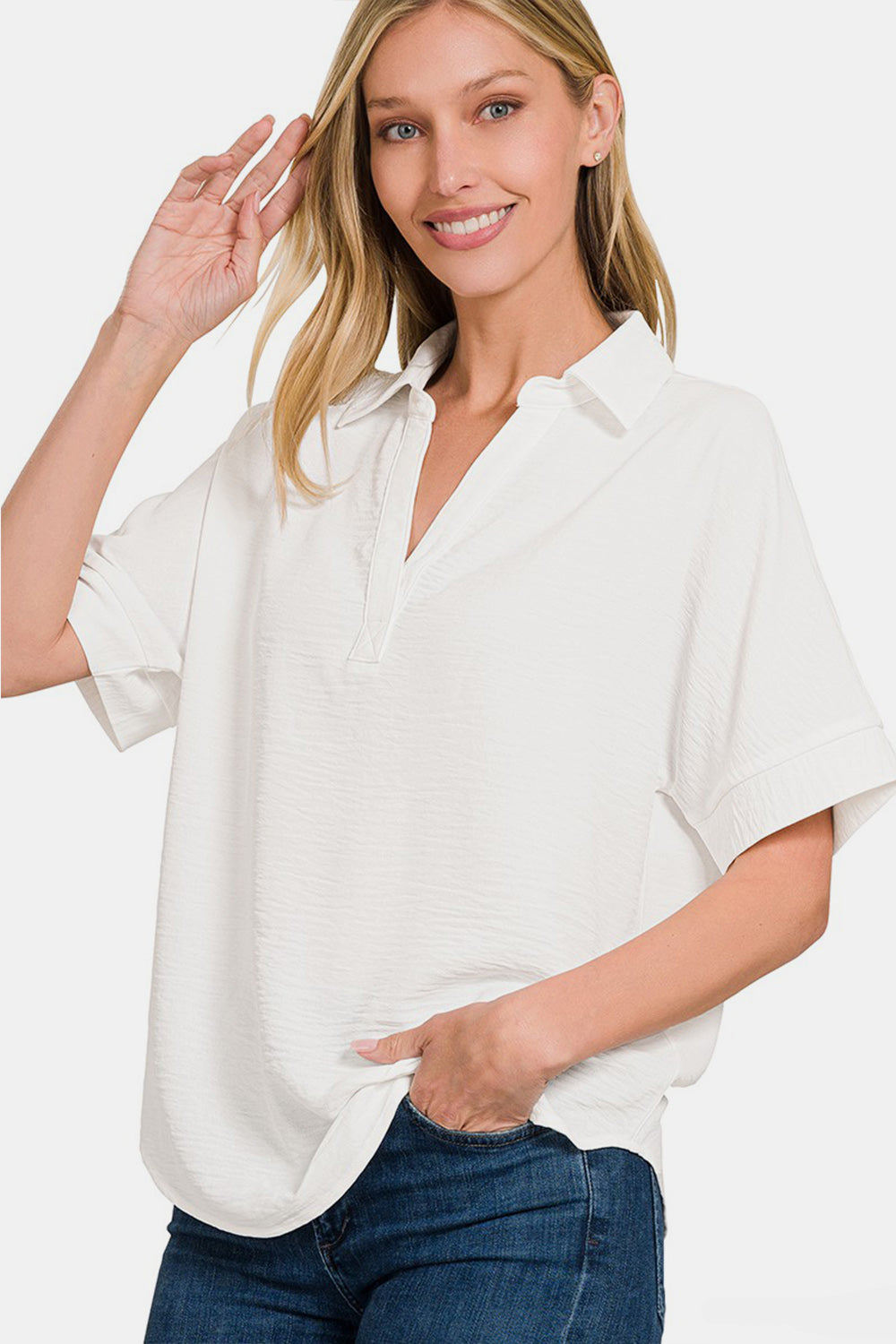 Woven Airflow Collared V-Neck Short Sleeve Top