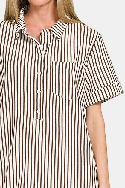 Stripe Collared Half Button Up T-Shirt Dress / BROWN