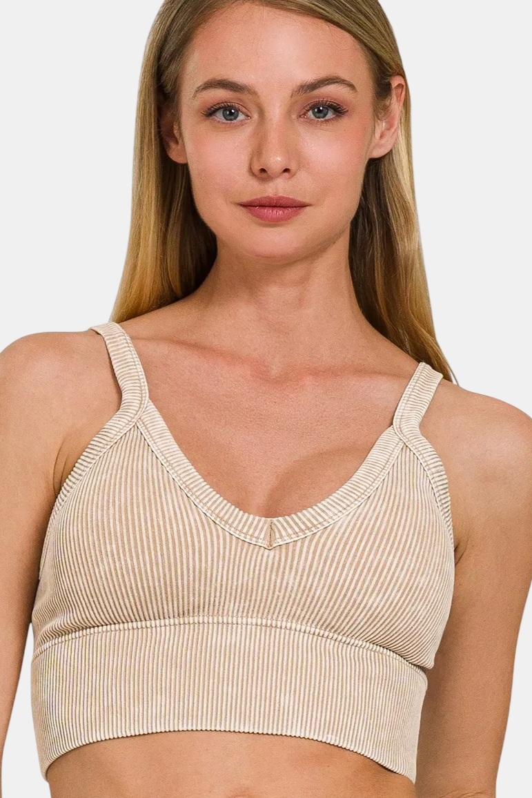 Stone Washed V Neck Seamless Cropped Bra Top / ASH MOCHA
