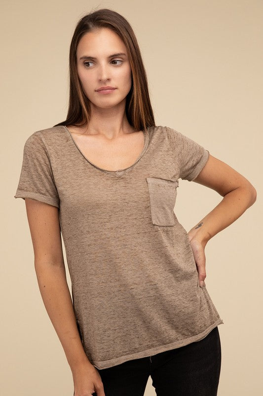 Washed Melange Burnout Scoop V-Neck Top