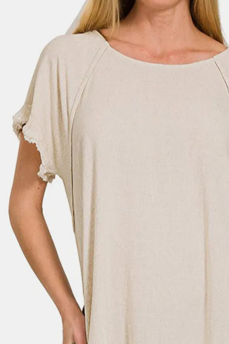 Linen Blend Fringe Edge High Low Flowy Dress / BEIGE