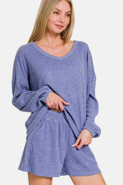 Brushed Ribbed Hacci V-Neck Long Sleeve Tee & Shorts Set