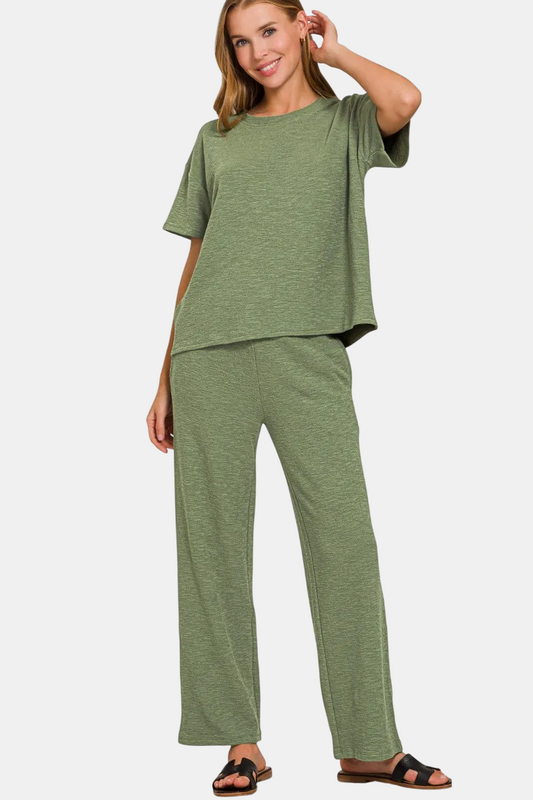 Slub Short Sleeve Top & Pants Set / LT OLIVE