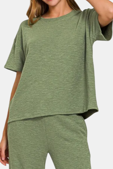 Slub Short Sleeve Top & Pants Set / LT OLIVE