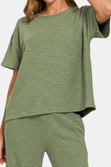 Slub Short Sleeve Top & Pants Set / LT OLIVE