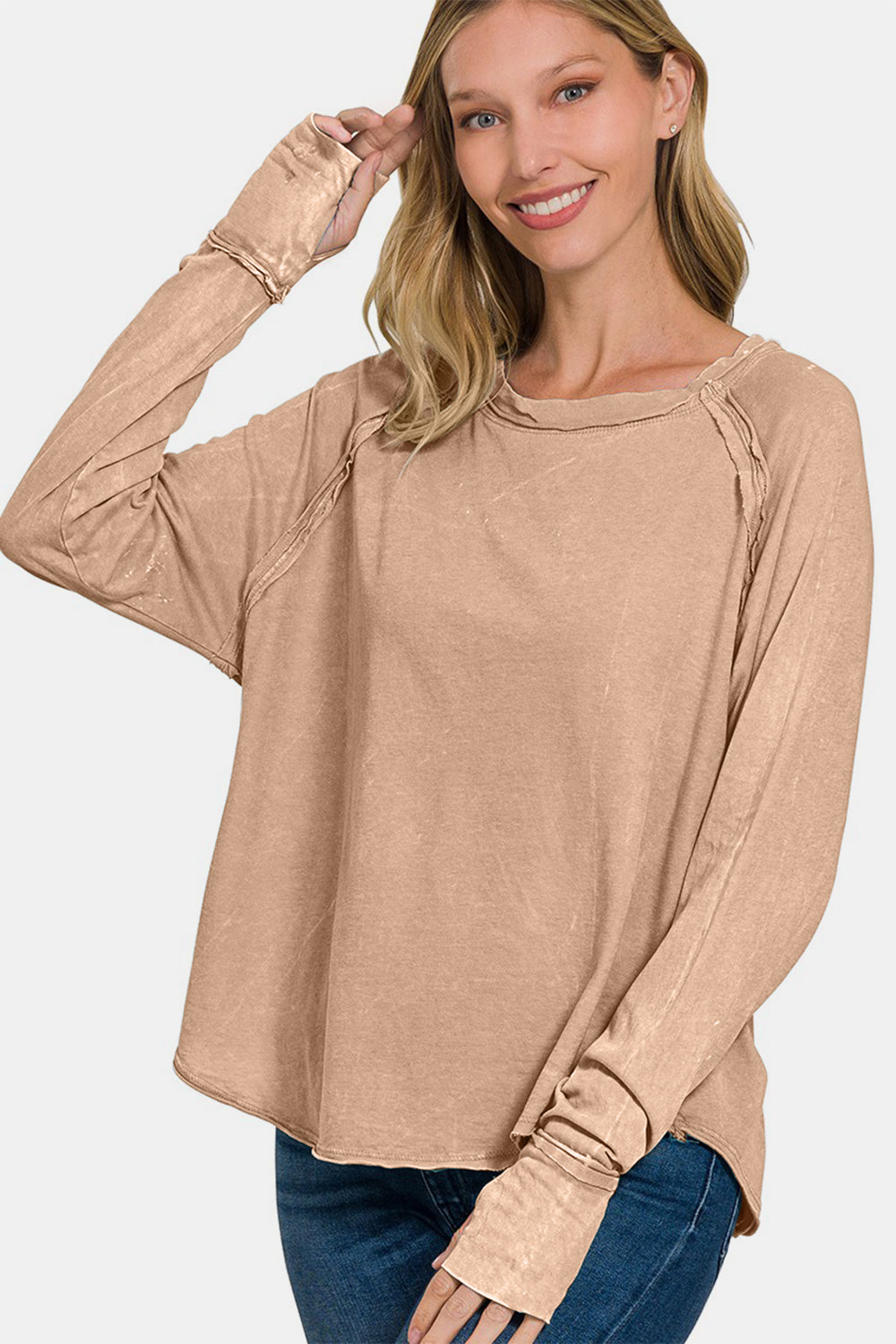 Washed Thumb Hole Cuffs Scoop-Neck Long Sleeve Top