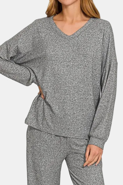 Soft Melange Long Sleeve Tee & Pants Set / BLACK