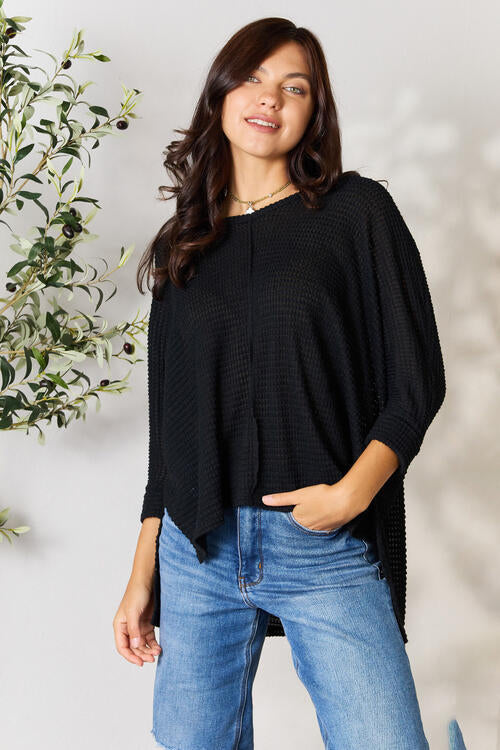 3/4 Sleeve V-Neck Hi-Low Hem Jacquard Sweater / BLACK